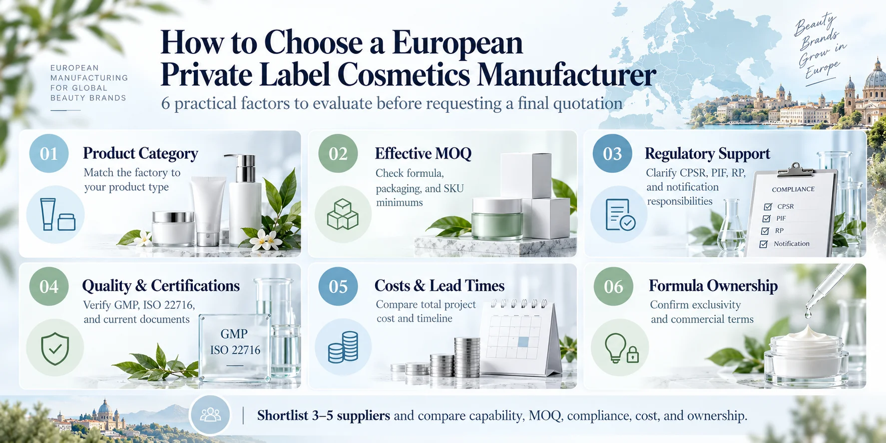 Infographic explaining six factors to consider when selecting a European private label cosmetics manufacturer, including product category, MOQ, regulatory support, quality certifications, costs, and formula ownership.